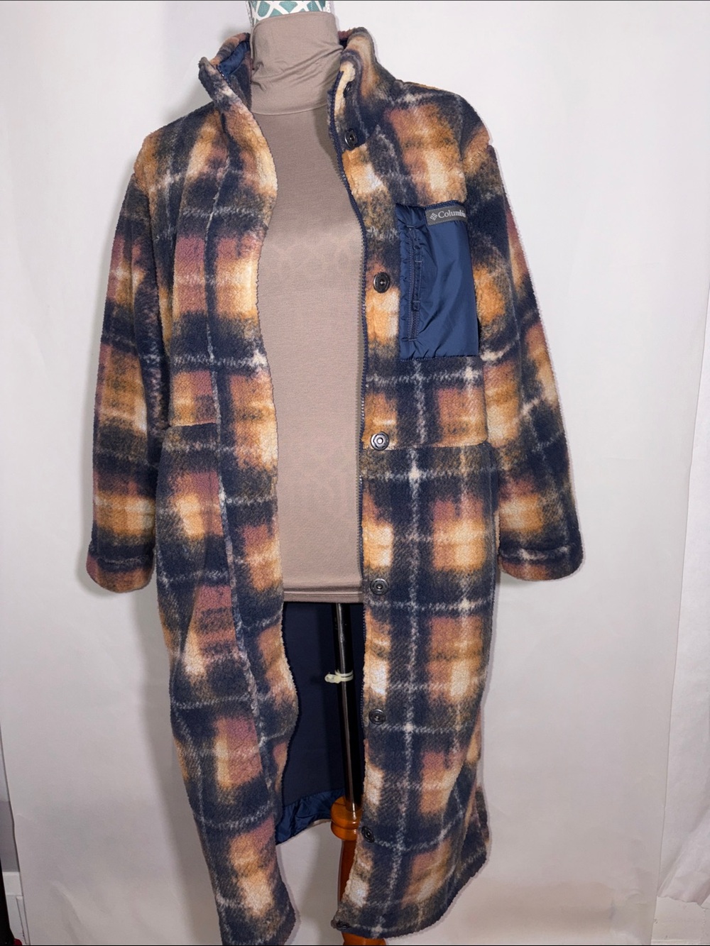 Columbia Long Jacket Coat Plaid Fleece Coat Blue, Camel, Brown & Cream Size XS